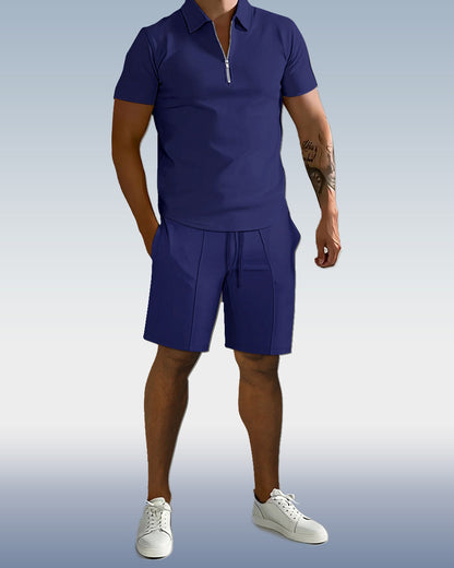 Suitmens Men'sPlain Zipper POLO Short Sleeve Set 0095