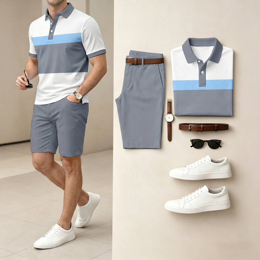 Men's Casual Gray And Blue Color Spliced Stripes Polo Shirt & Shorts Two-Piece Set