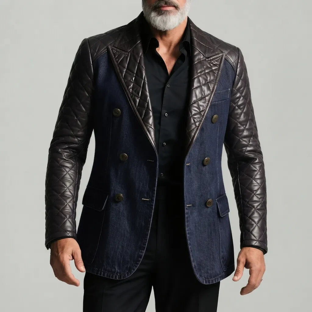 Men's Fashion Peak Lapel Double Breasted Quilted PU Leather Contrast Spliced Denim Blazer