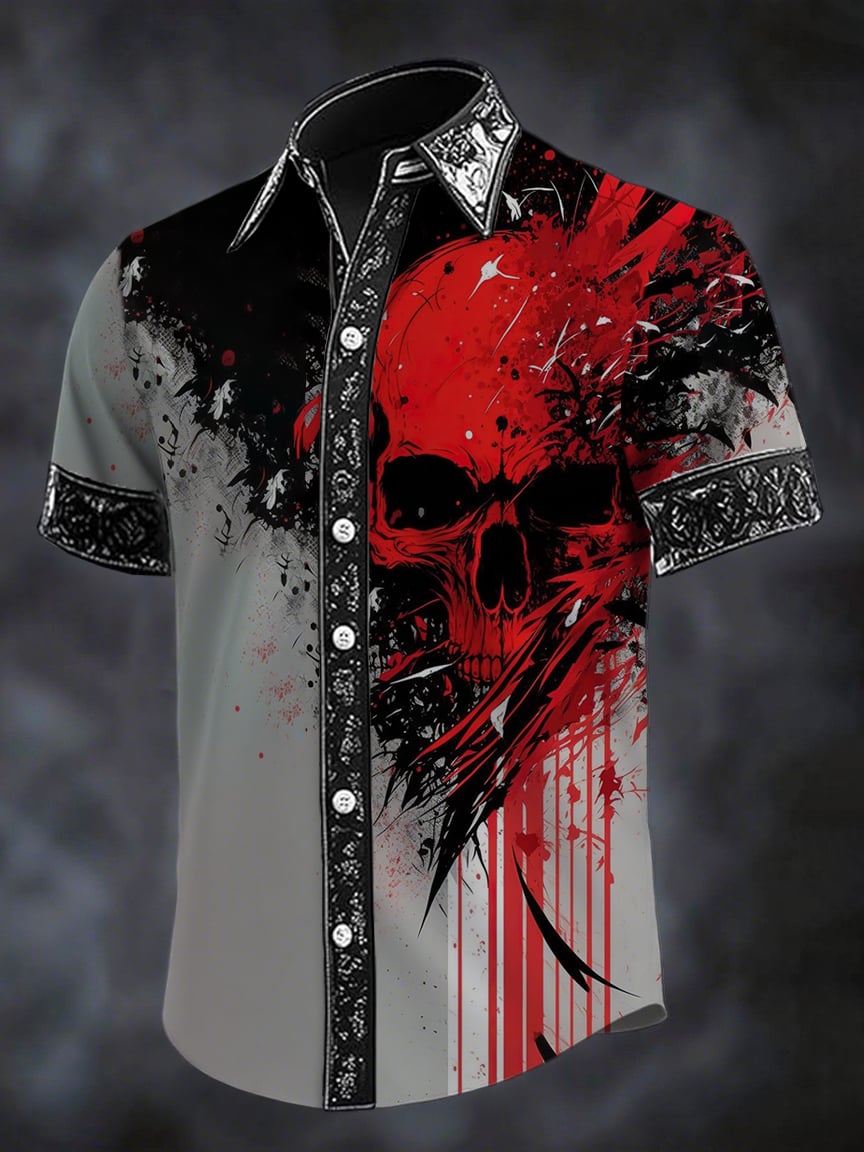 Men's Dark Skull Print Casual Short Sleeve Shirt