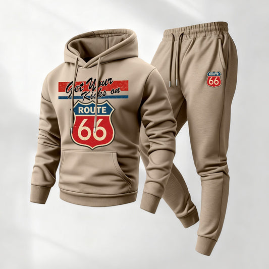 Men's Route 66 Retro Patterned Hoodie And Drawstring Track Pants Set, Men's Casual Athletic Long-Sleeved Hooded Jacket And Pants, Suitable For Fall And Winter, Street Style Hoodie Set, Men's Everyday Wear, Indoor And Outdoor Sportswear,