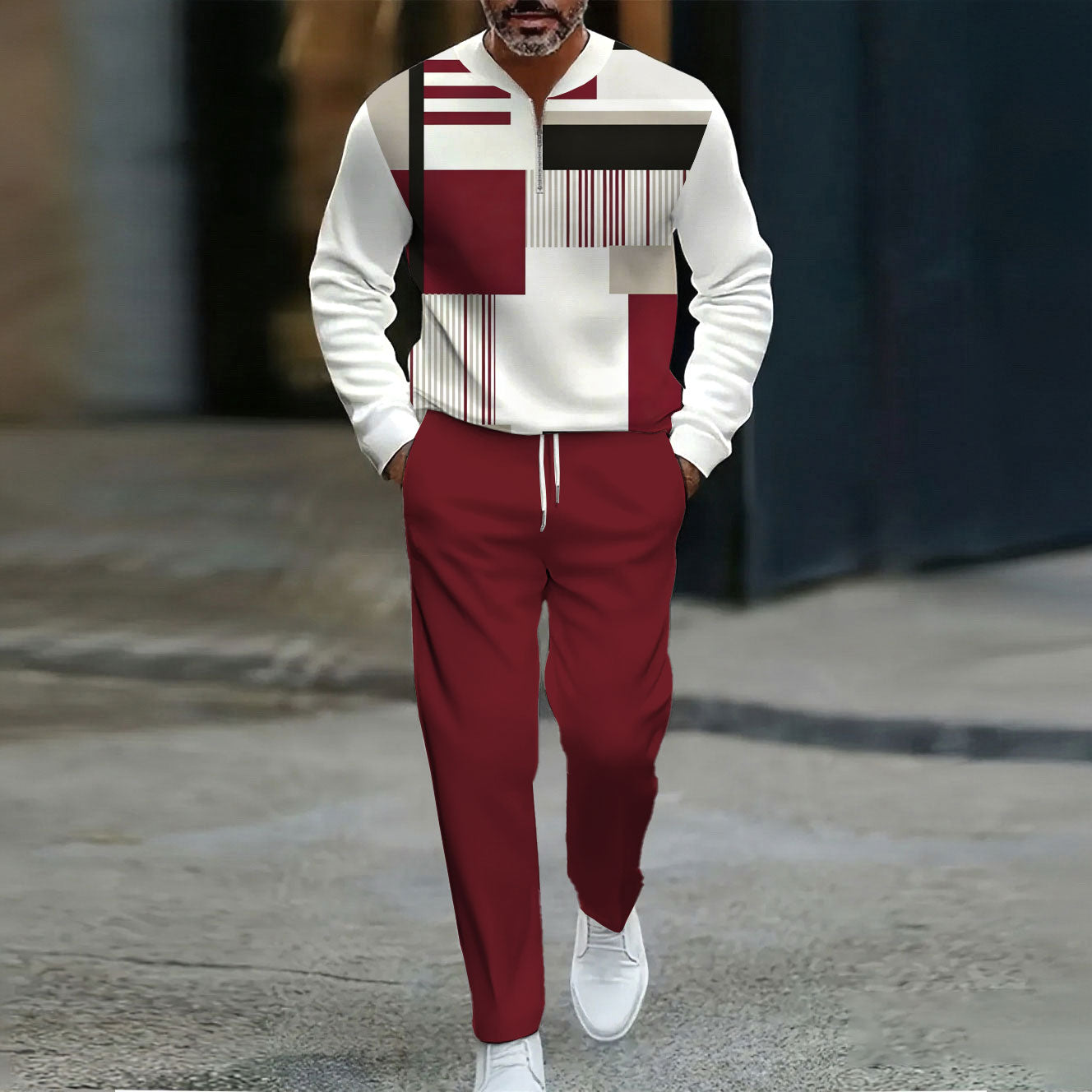 Men's Casual Maroon & White Color Matching Geometric Printed Round-Neck Zipper Long Sleeved Trousers Two-Piece Set