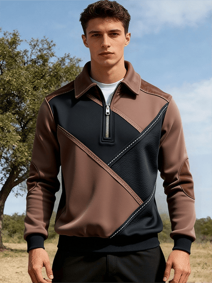 Men's Retro Color Block Print Color-Blocked Zip-Up Sweatshirt