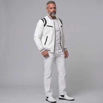 Men's PU Leather Contrast Stripes Zipper Pockets Bomber Jacket