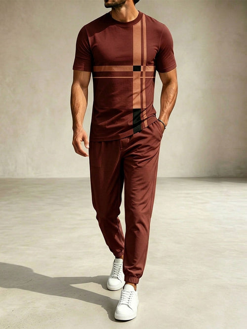 Men's Casual Red Color Matching Geometric Printed Round Neck T-Shirt & Pants Two-Piece Set