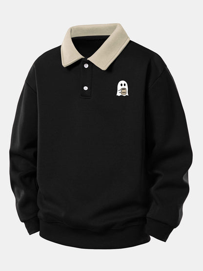 Relax Fit Ghost Drinking Coffee Print Contrast Polo Sweatshirt & Straight Leg Pleated Pintuck Sweatpants
