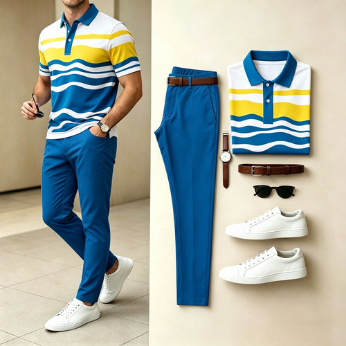 Men's Casual Blue Yellow Wave Stripe Printed Polo Shirt & Bright Blue Pants Two-Piece Set
