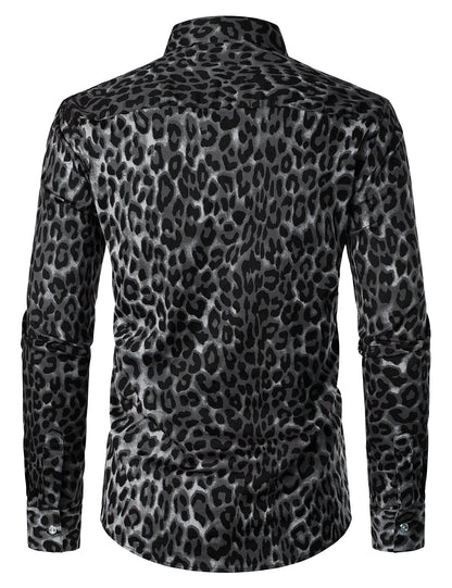 Men's Grey Snow Leopard Print Animal Casual Rock Cool Cotton Long Sleeve Shirt