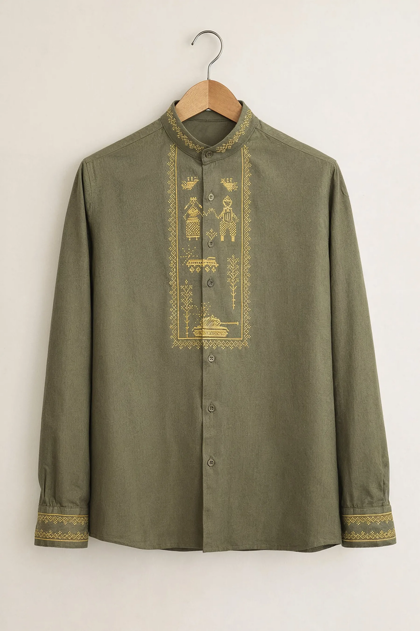 Tribal Embroidery Shirt – Olive Green