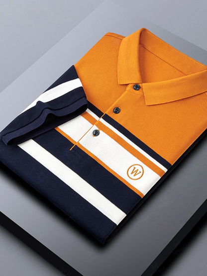 Men's Classic Business Stripe Button Short Sleeve Polo Shirt