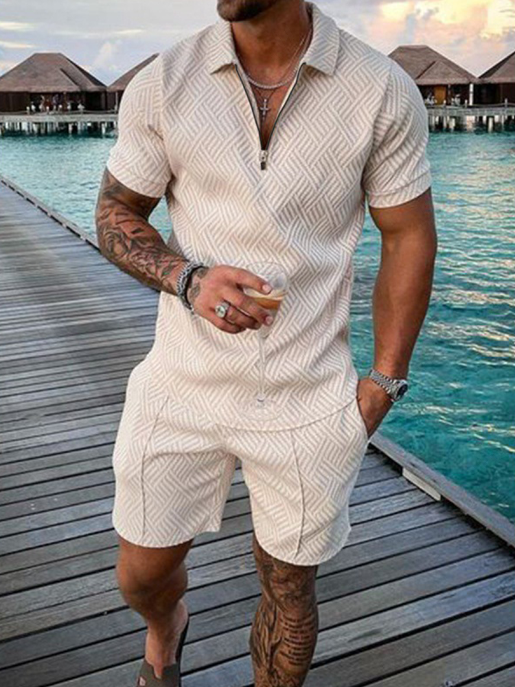 Men's Retro Letter Design Casual Business Short Sleeve Polo Shirt Suit