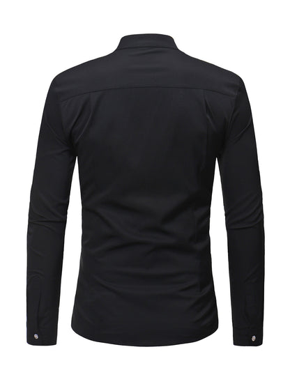 Men's Stand Collar Lace Solid Color Long Sleeve Tuxedo Dress Shirt