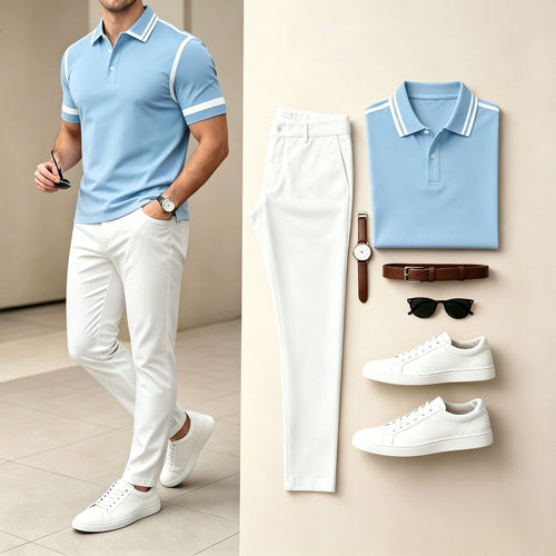 Men's Light Blue & White Color Matching Geometric Printed Short Sleeves Polo Shirt & Pants Two-Piece Set
