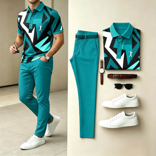 Men's Casual Teal Geometric Printed Polo Shirt & Pants Two-Piece Set