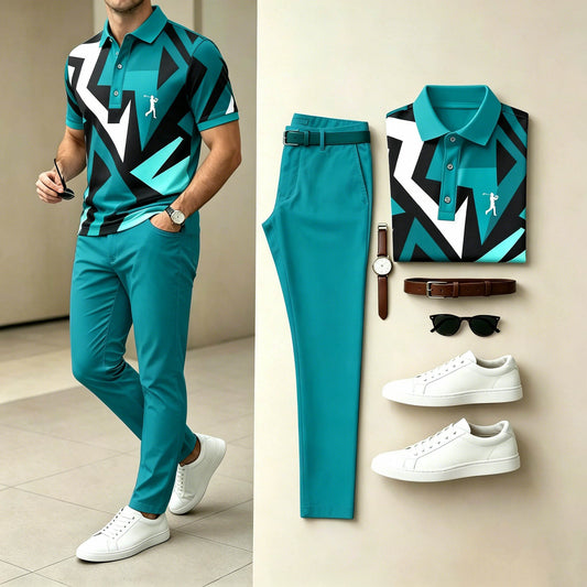 Men's Casual Teal Geometric Printed Polo Shirt & Pants Two-Piece Set