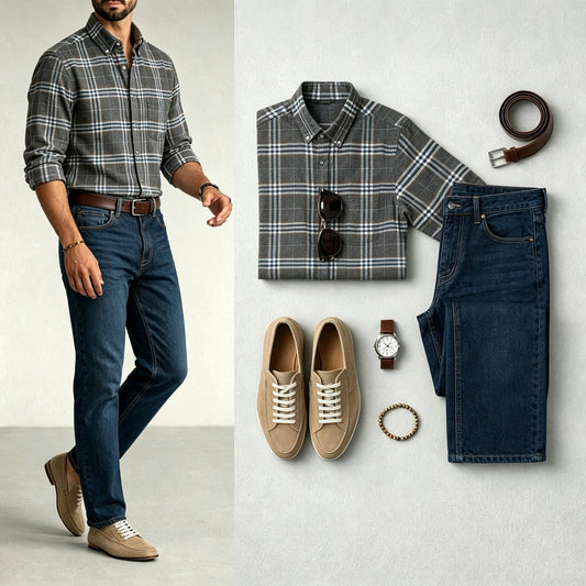 Men's Dark Gray & Navy Blue Color Matching Retro Style Plaid Printed Lapel Collar Long Sleeves Shirt & Jeans Two-Piece Set