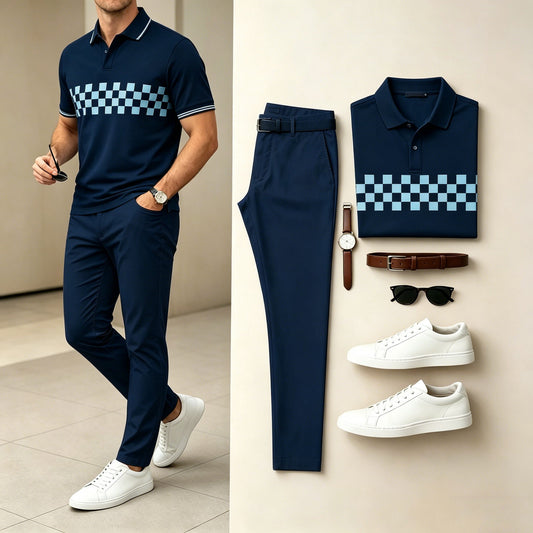Men's Casual Navy Light Blue Checker Printed Polo Shirt & Navy Pants Two-Piece Set