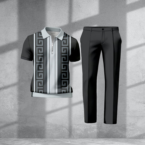 Men's Casual Black & Gray Stripe Printed Polo Short-Sleeve  Zip-Up Top  And Pants Two-Piece Set