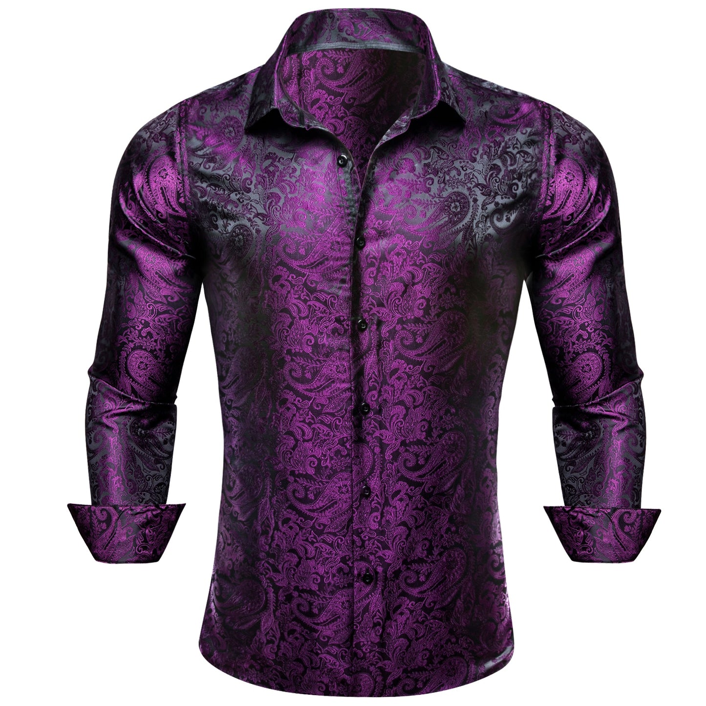Men's Casual Purple Shiny Paisley Long Sleeve Shirt for Party
