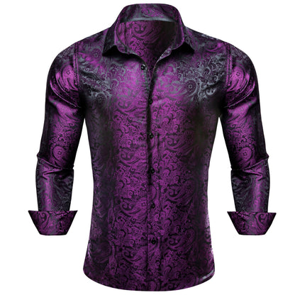 Men's Casual Purple Shiny Paisley Long Sleeve Shirt for Party