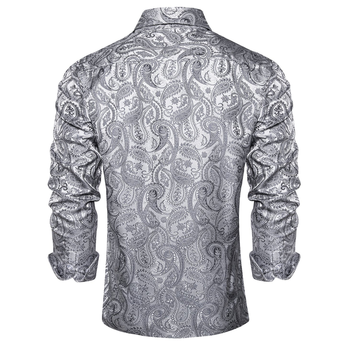 Men's Luxury Design Silver White Paisley Long Sleeve  Shirt