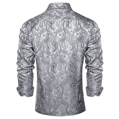 Men's Luxury Design Silver White Paisley Long Sleeve  Shirt