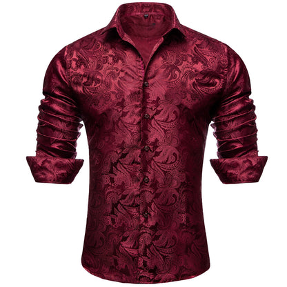 Men's Luxury Design Dark Red Paisley Long Sleeve  Shirt