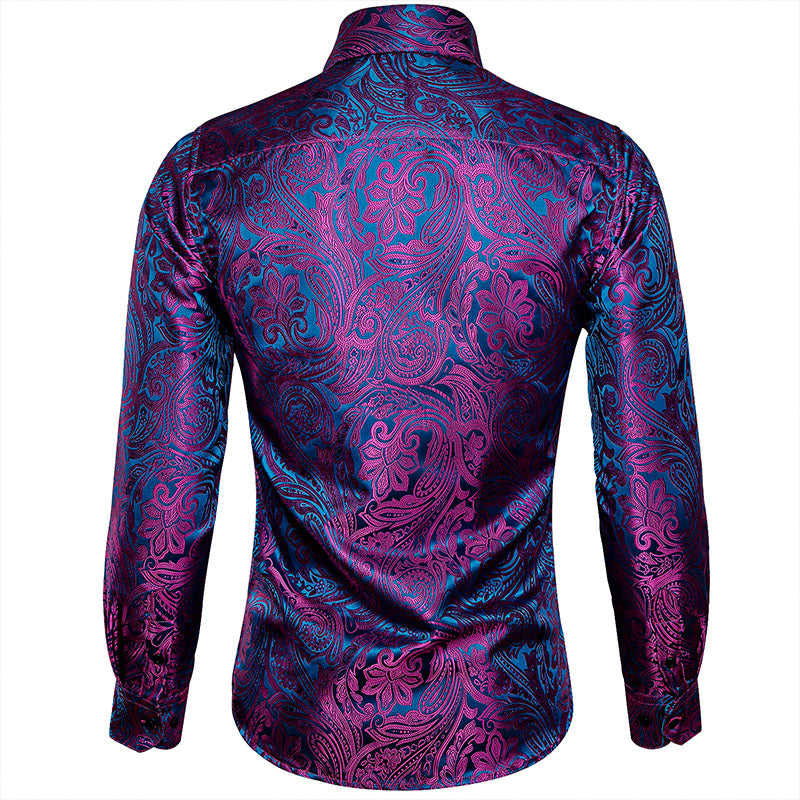 Men's Luxury Design Purple Blue Paisley Long Sleeve  Shirt