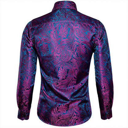 Men's Luxury Design Purple Blue Paisley Long Sleeve  Shirt