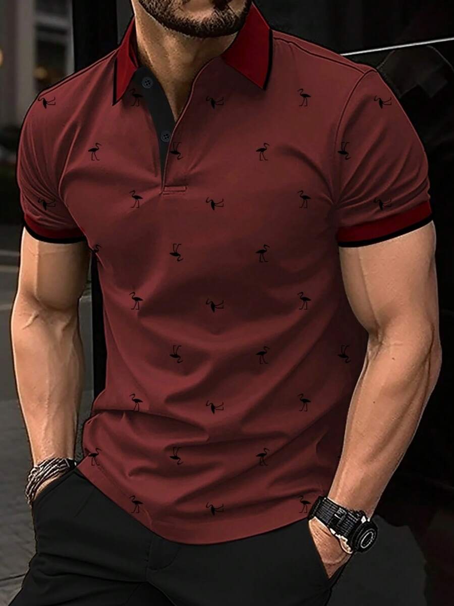 Men's Bird Print Contrast  Short Sleeve Polo Shirt