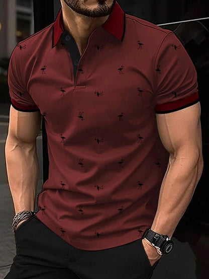 Men's Bird Print Contrast  Short Sleeve Polo Shirt