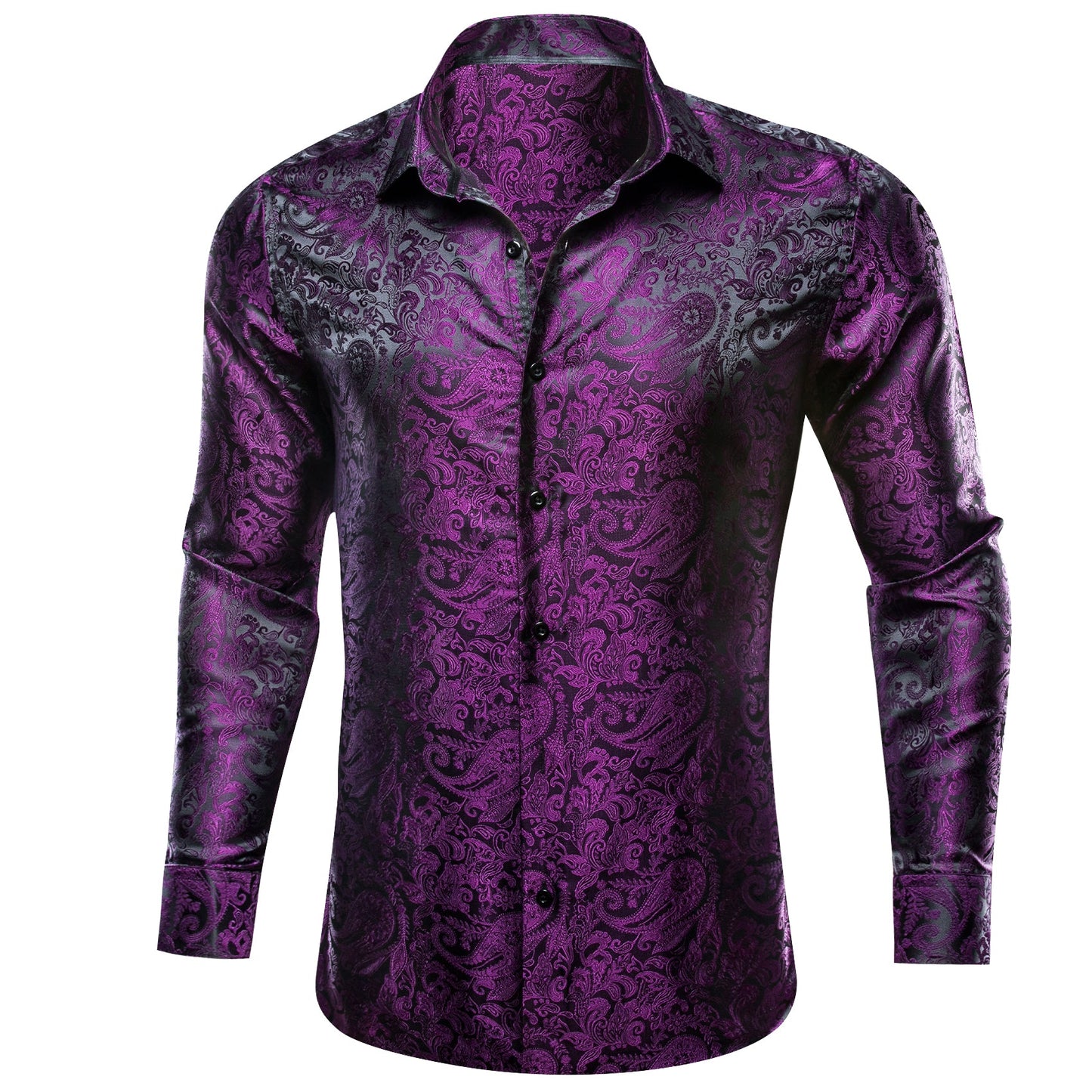 Men's Casual Purple Shiny Paisley Long Sleeve Shirt for Party