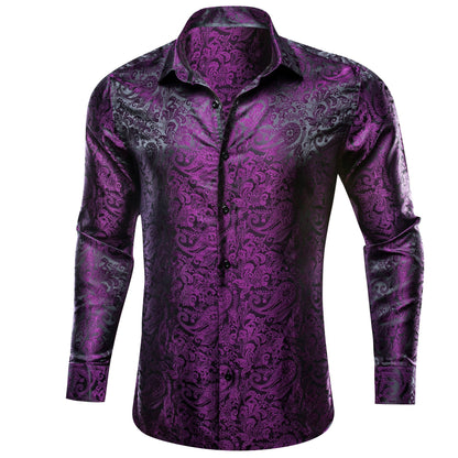 Men's Casual Purple Shiny Paisley Long Sleeve Shirt for Party