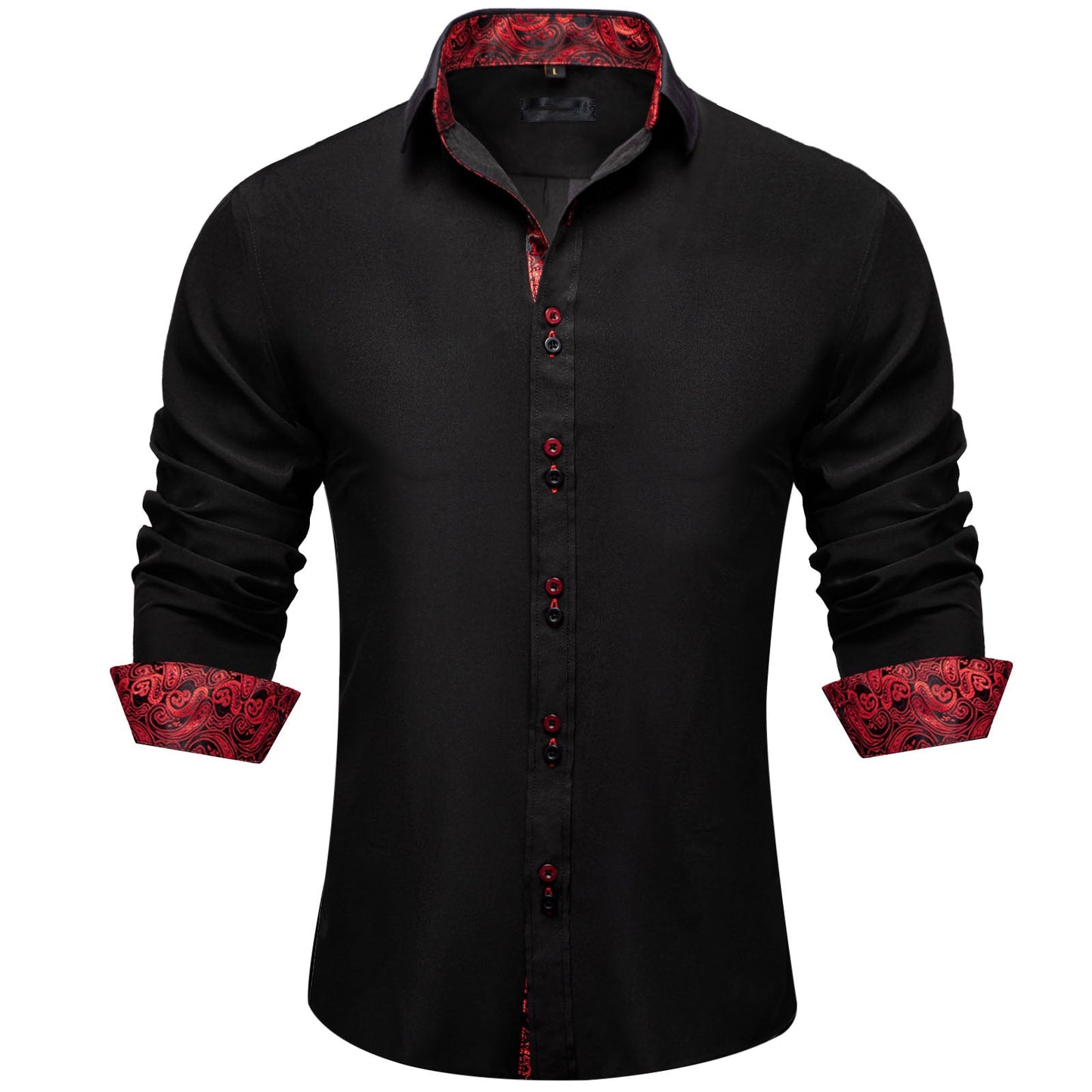 Men's Black Red Paisley Stitching Button Down Long Sleeve Shirt