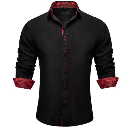 Men's Black Red Paisley Stitching Button Down Long Sleeve Shirt