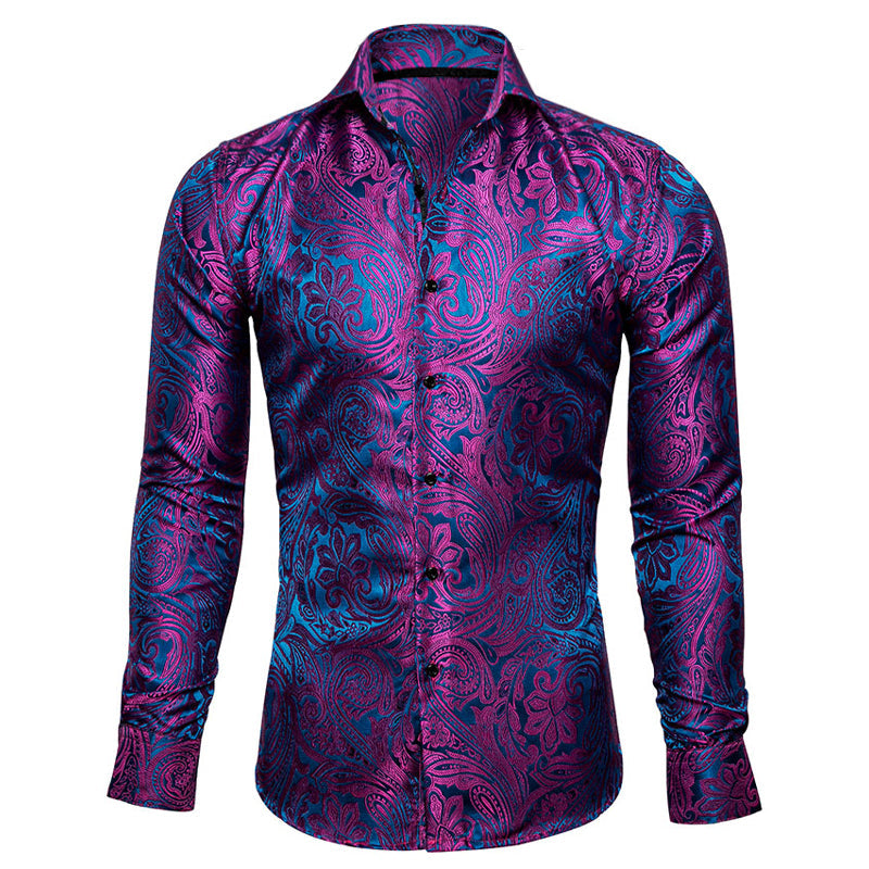 Men's Luxury Design Purple Blue Paisley Long Sleeve  Shirt