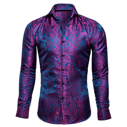 Men's Luxury Design Purple Blue Paisley Long Sleeve  Shirt