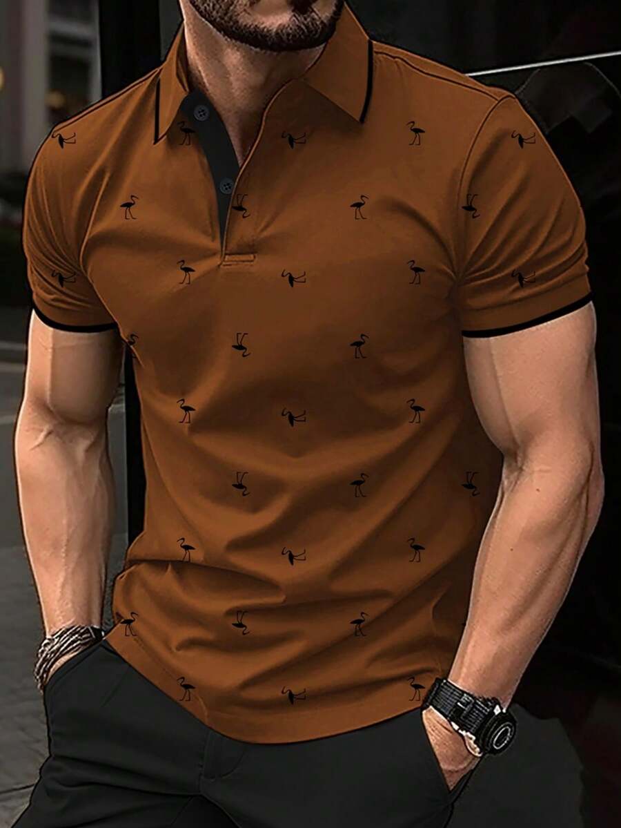 Men's Bird Print Contrast  Short Sleeve Polo Shirt