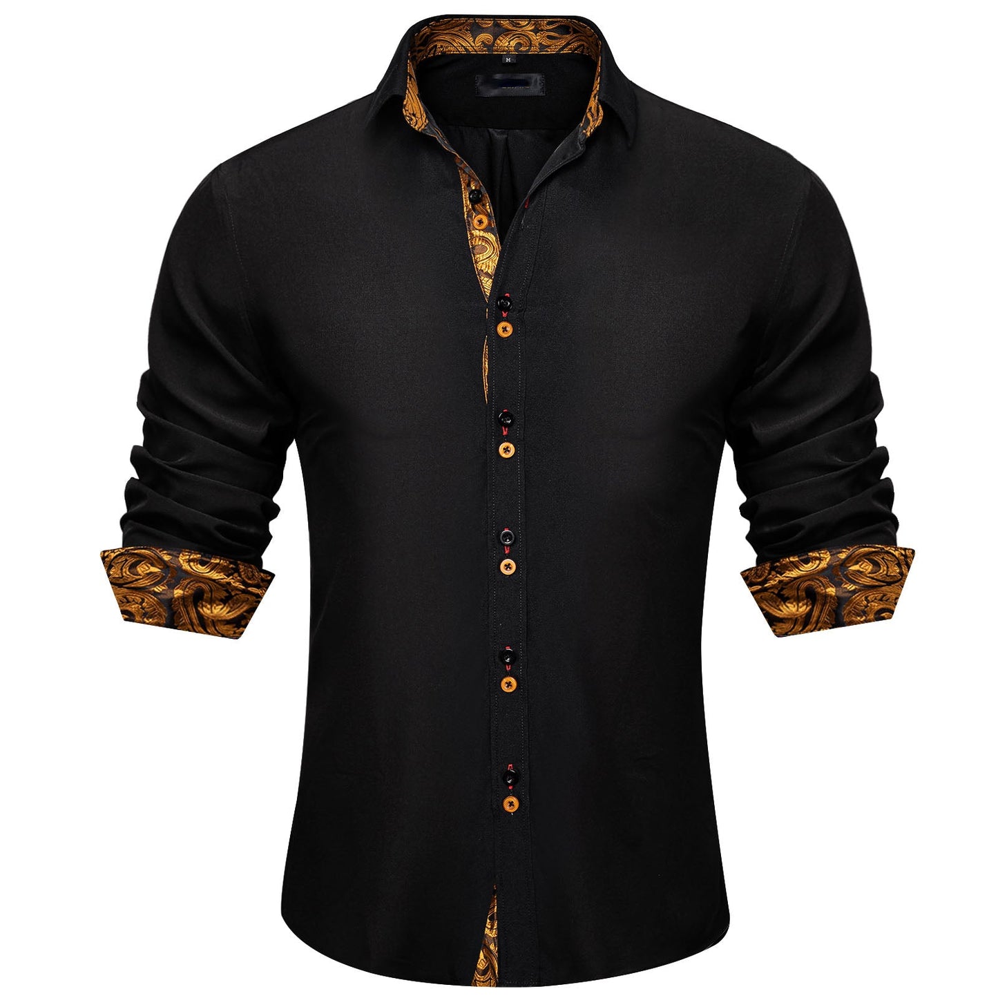 Men's Black Red Paisley Stitching Button Down Long Sleeve Shirt
