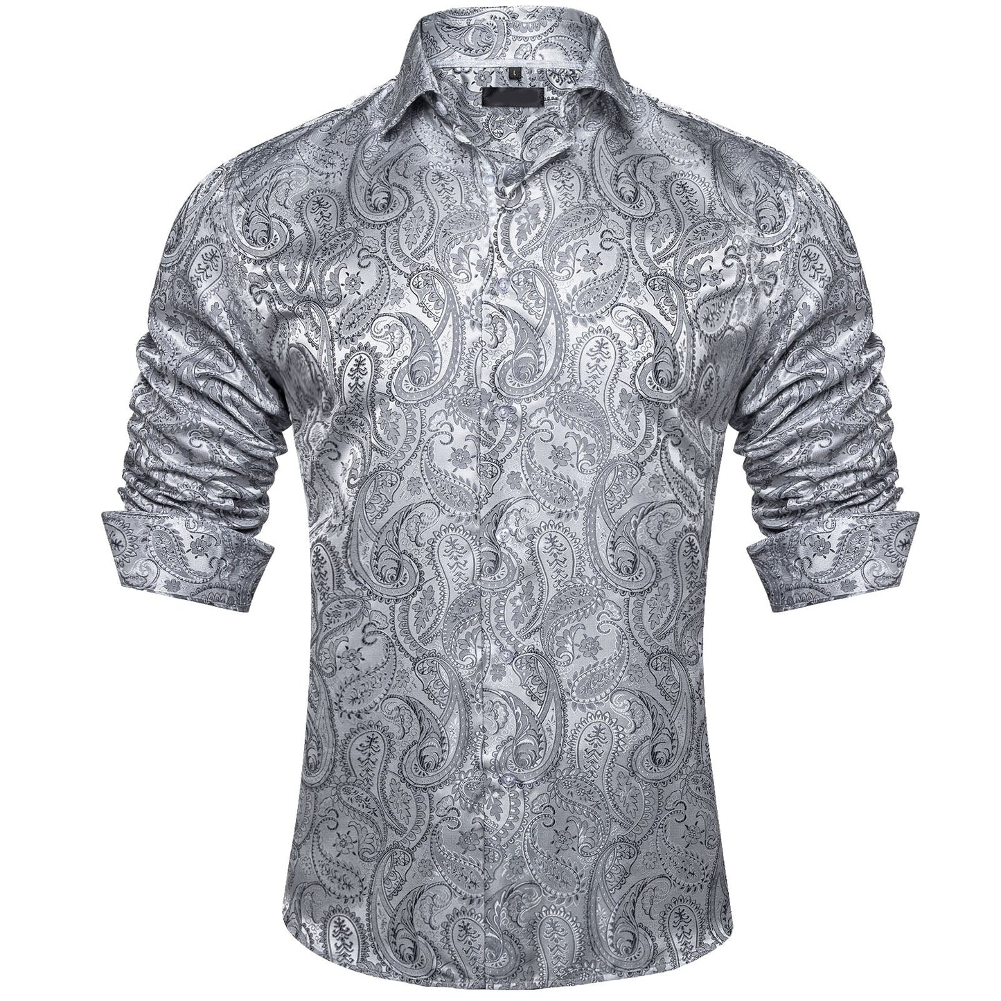 Men's Luxury Design Silver White Paisley Long Sleeve  Shirt