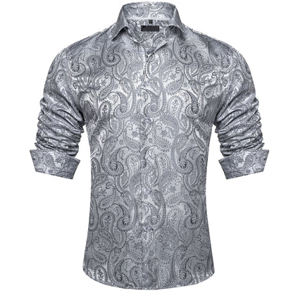 Men's Luxury Design Silver White Paisley Long Sleeve  Shirt