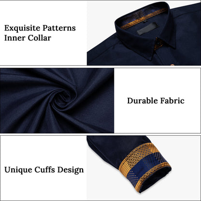 Men's Navy Gold Print Button Long Sleeve Shirt