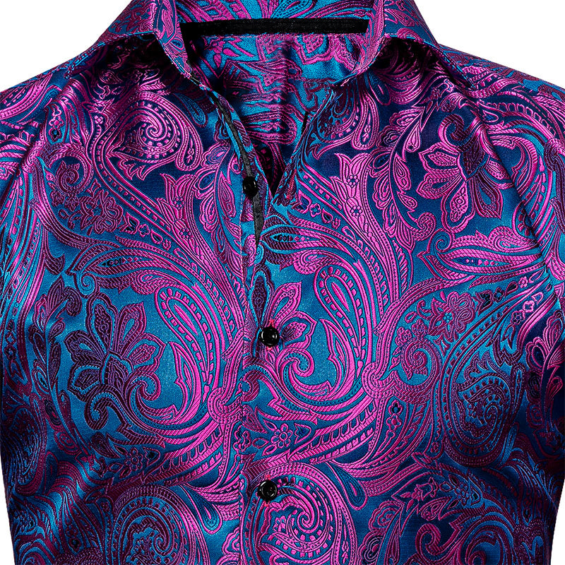 Men's Luxury Design Purple Blue Paisley Long Sleeve  Shirt