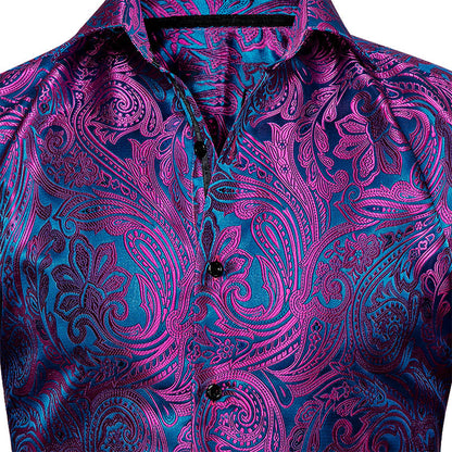 Men's Luxury Design Purple Blue Paisley Long Sleeve  Shirt