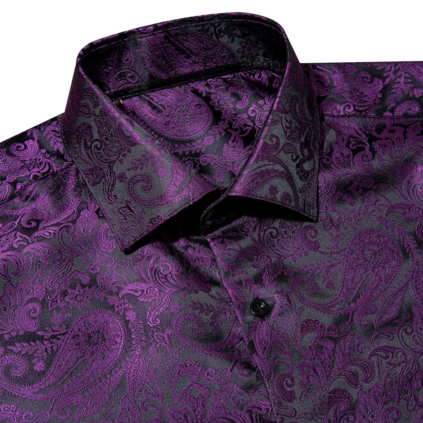 Men's Casual Purple Shiny Paisley Long Sleeve Shirt for Party
