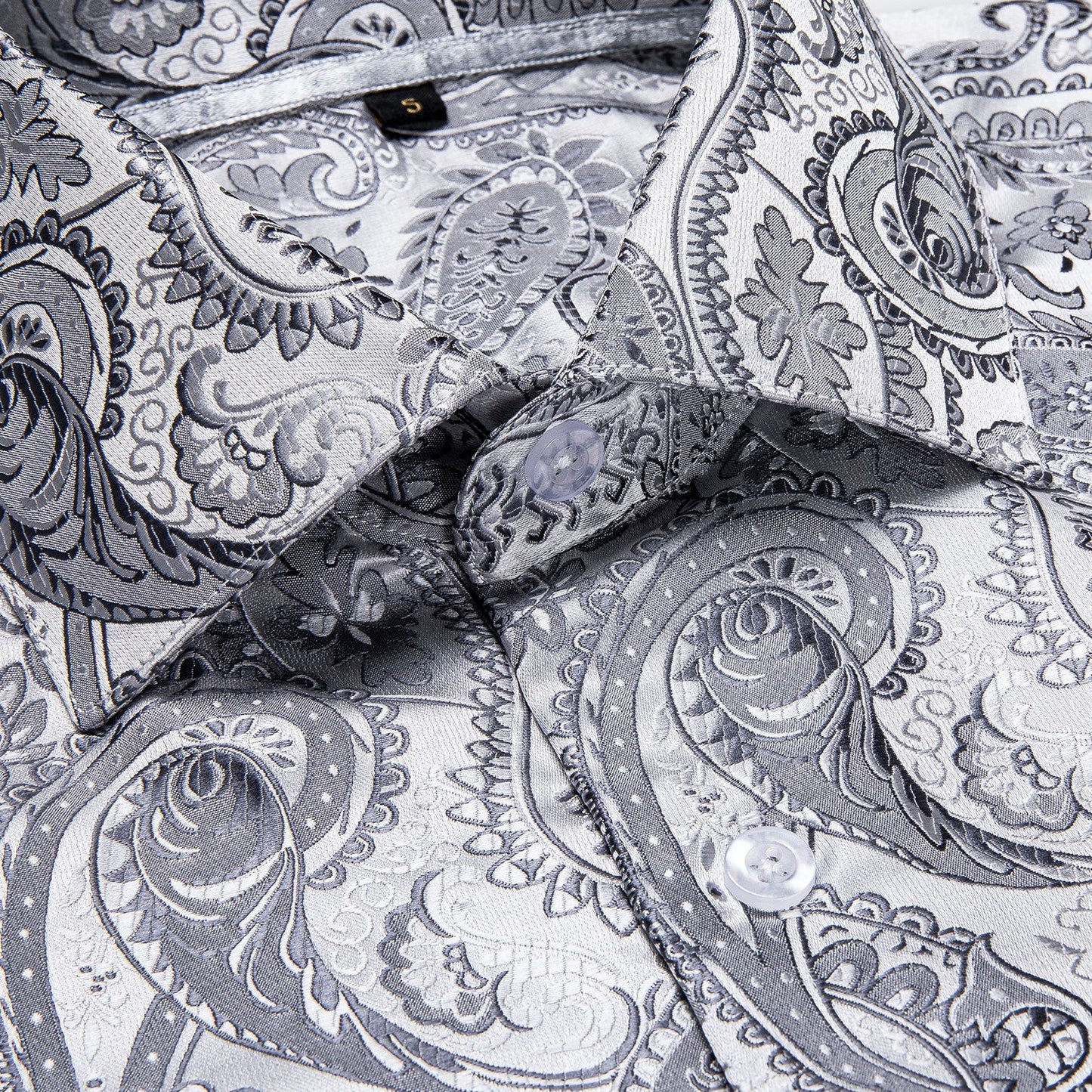 Men's Luxury Design Silver White Paisley Long Sleeve  Shirt