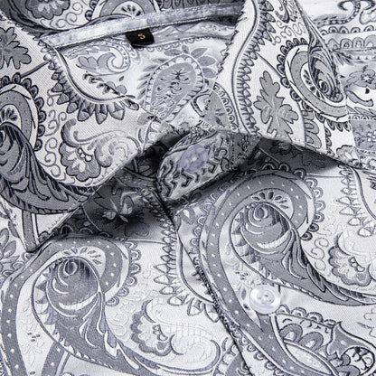 Men's Luxury Design Silver White Paisley Long Sleeve  Shirt