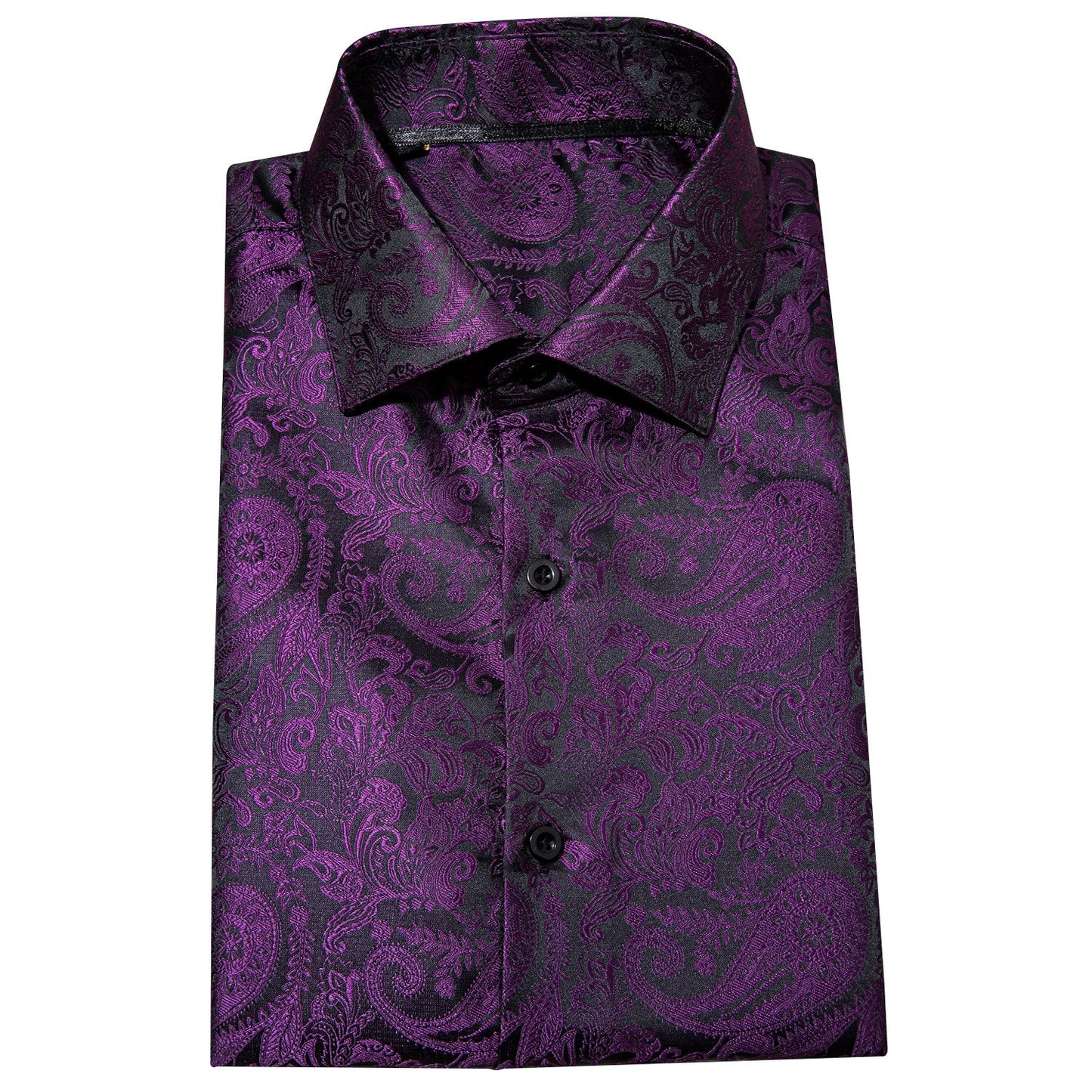 Men's Casual Purple Shiny Paisley Long Sleeve Shirt for Party