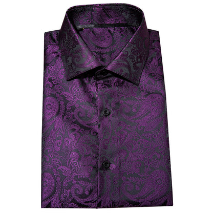 Men's Casual Purple Shiny Paisley Long Sleeve Shirt for Party