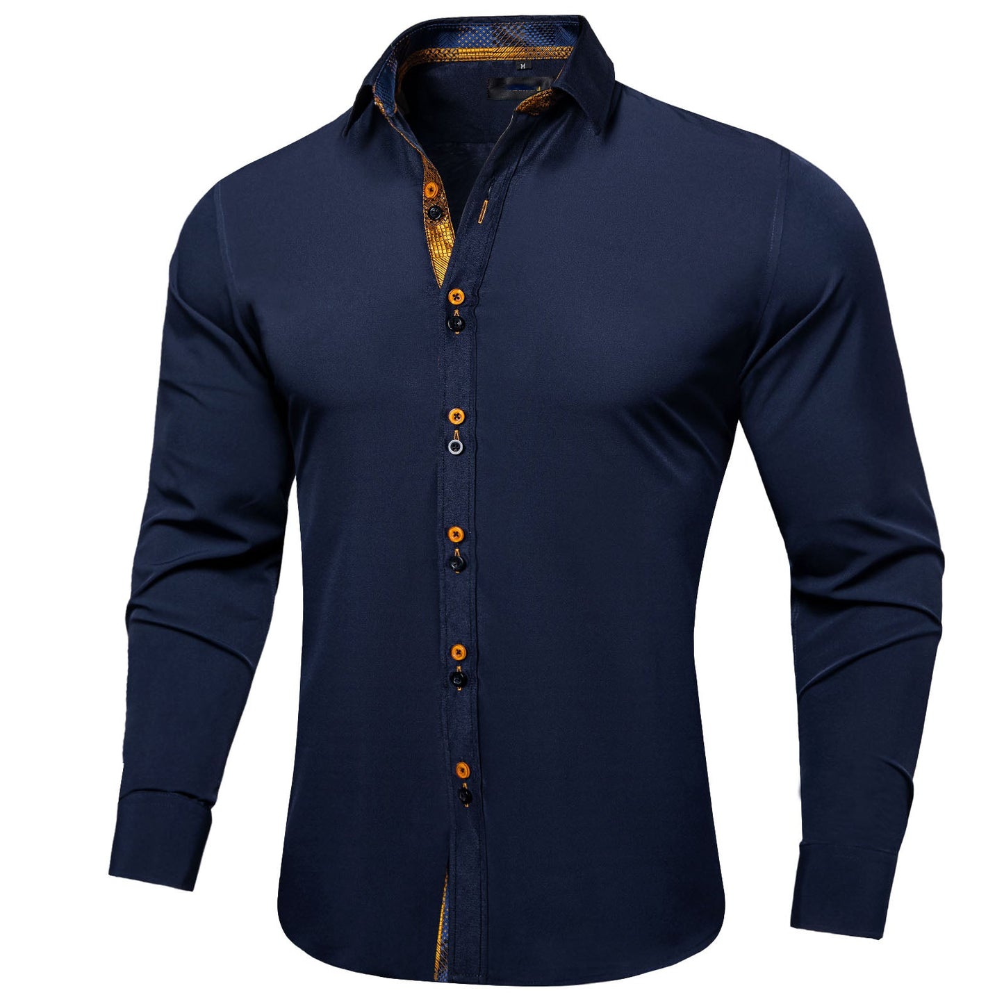 Men's Navy Gold Print Button Long Sleeve Shirt